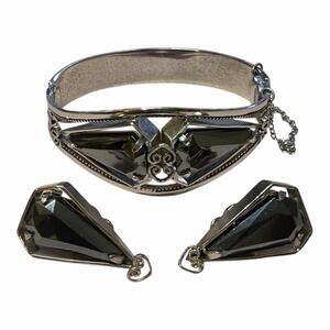 VTG 50s Whiting & Davis Silver Tone Hematite Bangle Bracelet & Clip Earrings Set